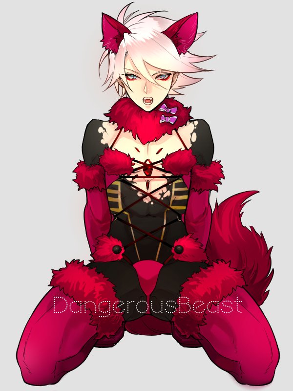 1boy animal_ears armor blue_eyes cosplay dangerous_beast dangerous_beast_(cosplay) elbow_gloves fate/apocrypha fate/grand_order fate_(series) fur_trim gloves halloween halloween_costume karna_(fate) looking_at_viewer male_focus pale_skin shielder_(fate/grand_order) shielder_(fate/grand_order)_(cosplay) simple_background solo tail white_hair wolf_ears wolf_tail zuwai_kani