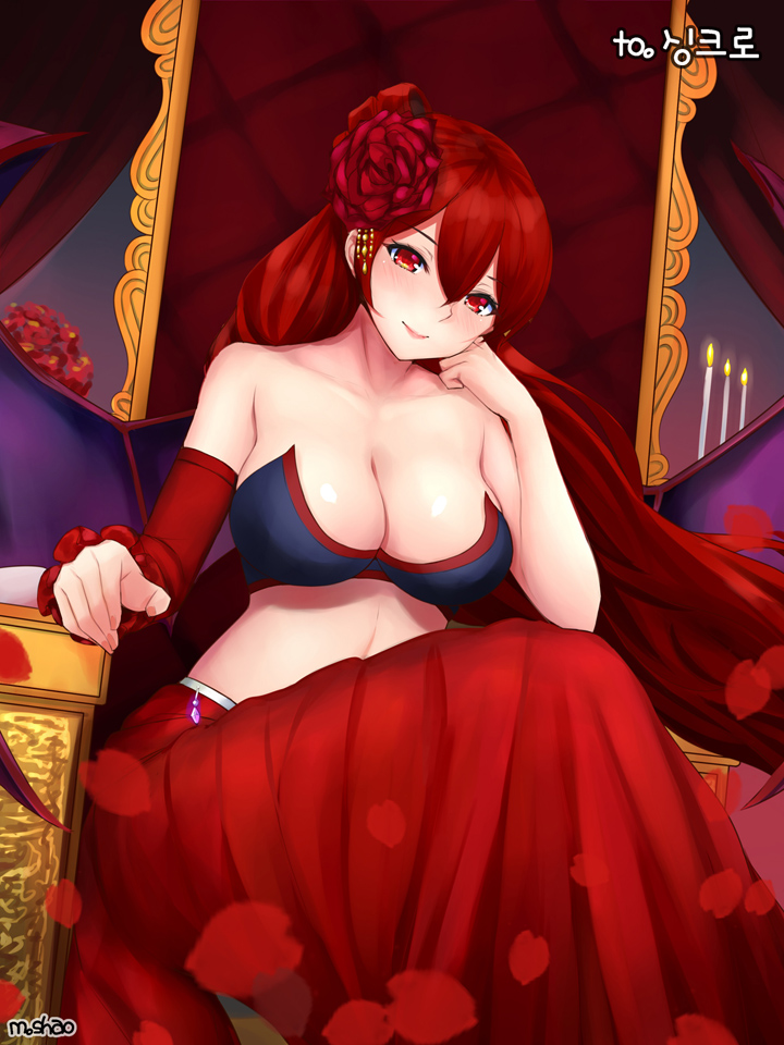 1girl bandeau bare_shoulders blush breasts chair character_request chin_rest cleavage closed_mouth collarbone dungeon_and_fighter female flower hair_between_eyes hair_flower hair_ornament large_breasts long_hair long_skirt looking_at_viewer midriff petals red_eyes red_rose redhead rose rose_petals shaojiang skirt smile solo strapless very_long_hair