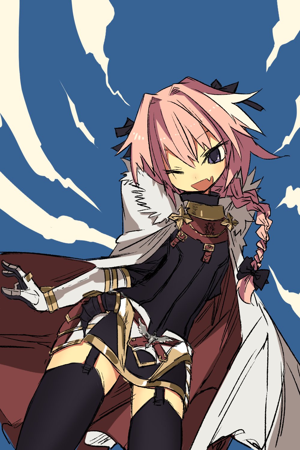 1boy blush braid cape fang fate/apocrypha fate_(series) hair_ribbon highres jpeg_artifacts long_hair looking_at_viewer male_focus ootorii_bisetsu open_mouth pink_hair ribbon rider_of_black single_braid sky smile solo thigh-highs trap violet_eyes