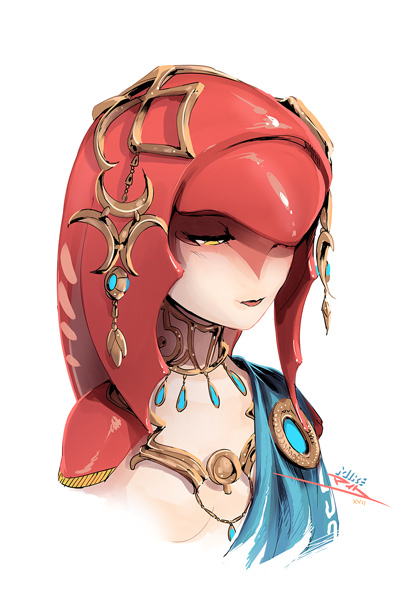 1girl breasts downcast_eyes fish_girl jewelry long_hair mike_nesbitt mipha monster_girl multicolored multicolored_skin necklace no_nipples red_skin redhead small_breasts solo the_legend_of_zelda the_legend_of_zelda:_breath_of_the_wild upper_body white_skin yellow_eyes zora