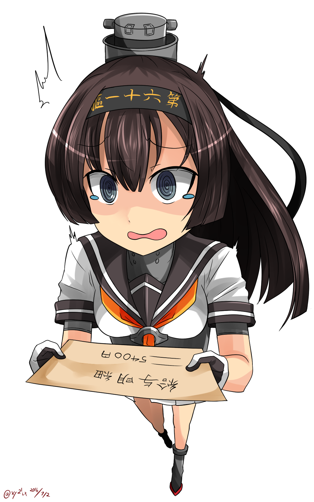/\/\/\ 1girl akizuki_(kantai_collection) bad_perspective black_hair commentary corset dated foreshortening from_above gloves grey_eyes hachimaki hair_ribbon headband headgear hebitsukai-san highres kantai_collection machinery neckerchief open_mouth pleated_skirt ponytail ribbon sailor_collar school_uniform serafuku shaded_face skirt solo standing surprised tears twitter_username wavy_mouth white_background white_skirt worried