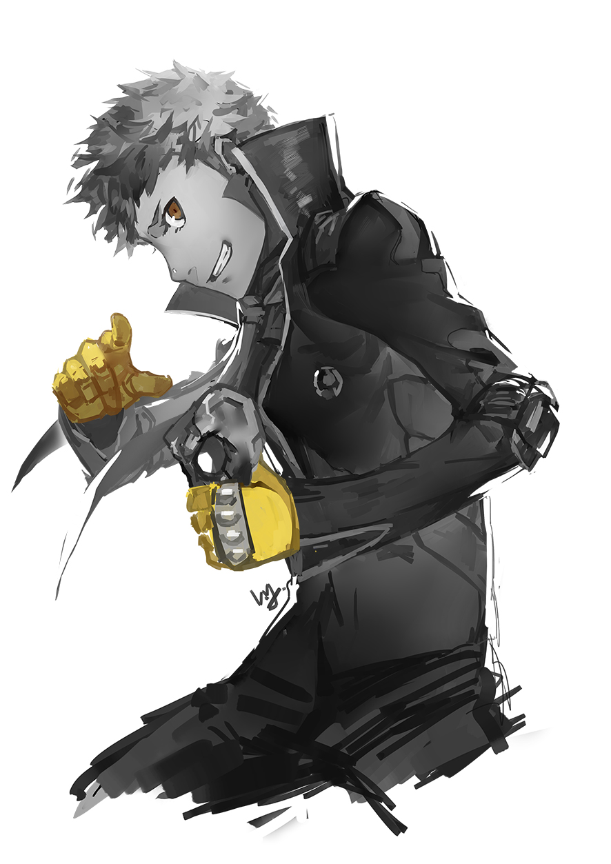 1boy brown_eyes gloves greyscale grin highres looking_at_viewer male_focus monochrome nanaya_(daaijianglin) persona persona_5 pointing pointing_at_viewer sakamoto_ryuuji simple_background sketch smile solo teeth yellow_gloves