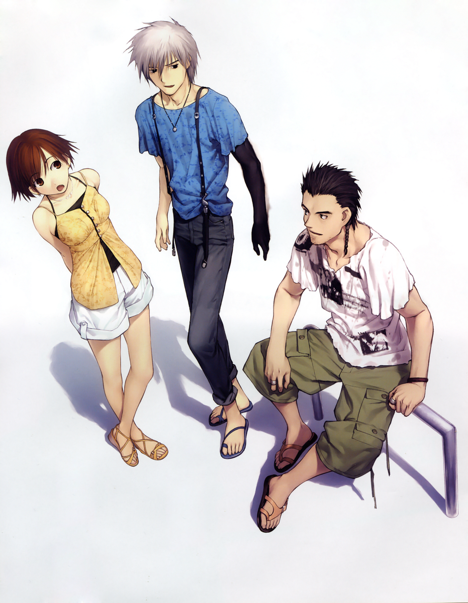 1girl 2boys arms_behind_back black_hair black_shirt braid breasts brown_hair character_request collarbone decoration_disorder_disconnection eye_contact full_body green_pants highres ishizue_arika koyama_hirokazu looking_at_another medium_breasts multiple_boys open_mouth pants shirt short_hair shorts silver_hair simple_background sleeveless sleeveless_shirt standing t-shirt white_background white_shirt white_shorts white_shots