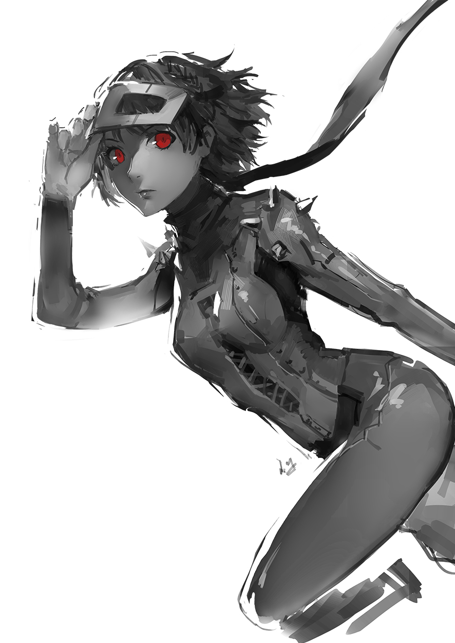 1girl bodysuit breasts closed_mouth highres looking_at_viewer mask monochrome nanaya_(daaijianglin) niijima_makoto persona persona_5 red_eyes short_hair simple_background sketch small_breasts solo