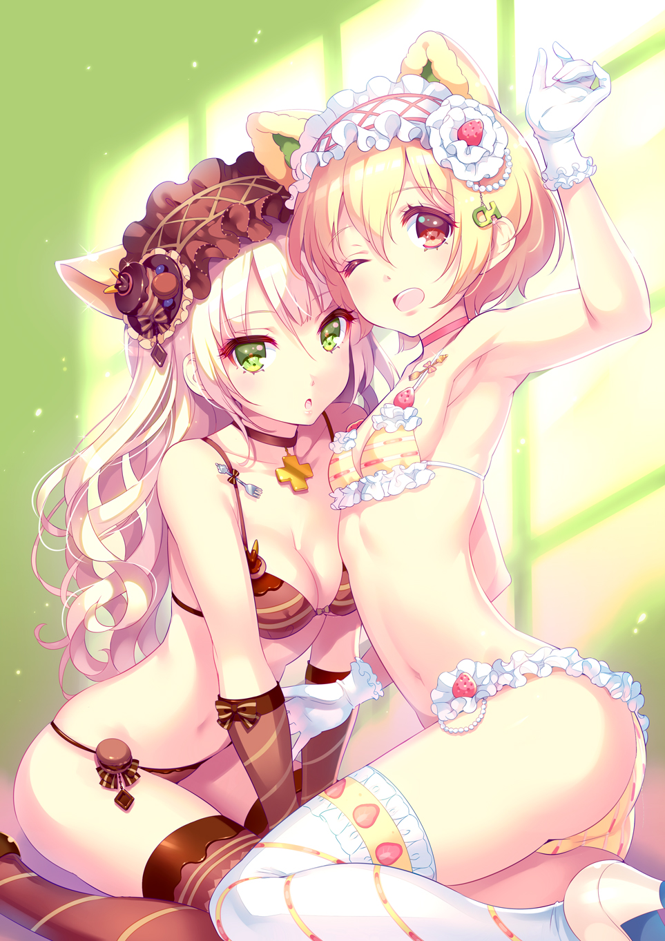 2girls :o ;d animal_ears arm_up armpits ass blonde_hair blush breasts choker fake_animal_ears food_themed_clothes fork gloves green_eyes hairband high_heels highres long_hair looking_at_viewer medium_breasts multiple_girls navel nishimura_eri one_eye_closed open_mouth original panties red_eyes red_gloves red_legwear short_hair small_breasts smile sweets_lingerie thigh-highs underwear underwear_only white_gloves white_legwear