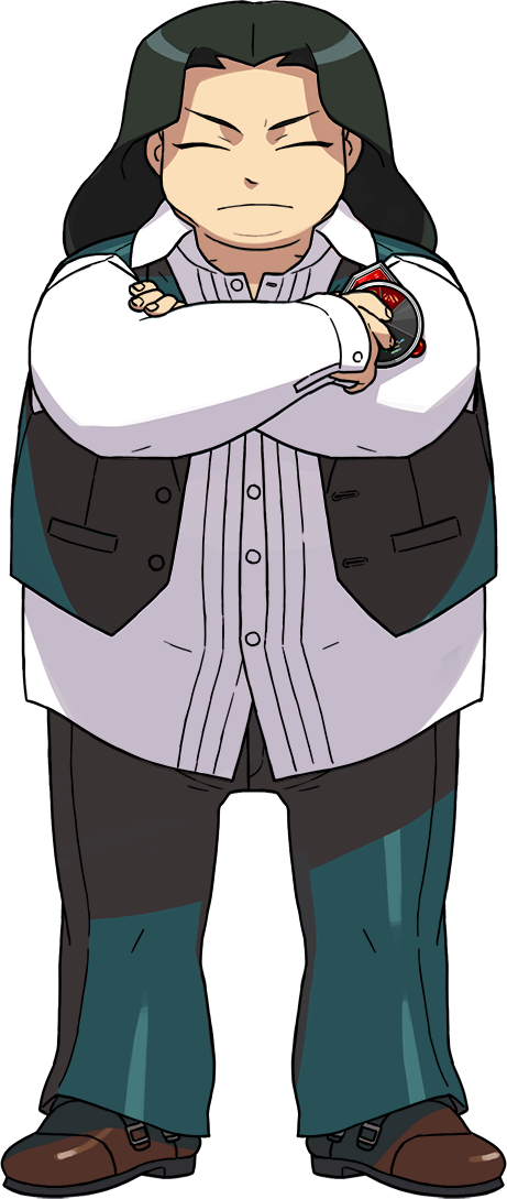 1boy black_hair boots brown_boots closed_eyes crossed_arms fat full_body hair_intakes ishikawa_hideki long_hair male_focus official_art open_collar pokemon pokemon_(game) pokemon_co-master solo transparent_background vest yuji_(pokemon)