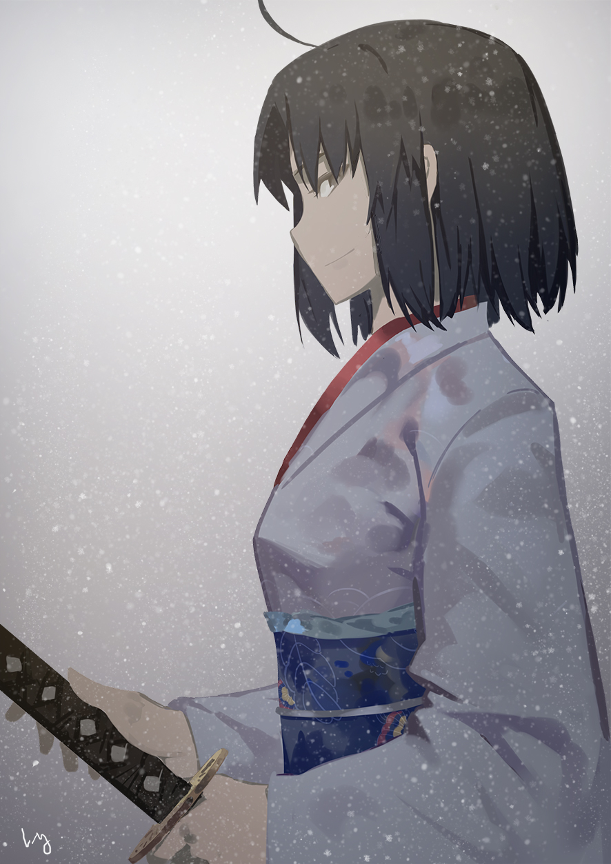 1girl ahoge artist_name bangs black_hair closed_mouth from_side grey_kimono highres holding holding_sword holding_weapon kara_no_kyoukai katana looking_at_viewer nanaya_(daaijianglin) obi parted_bangs profile ryougi_shiki sash sheath sheathed short_hair signature smile solo sword upper_body weapon yellow_eyes