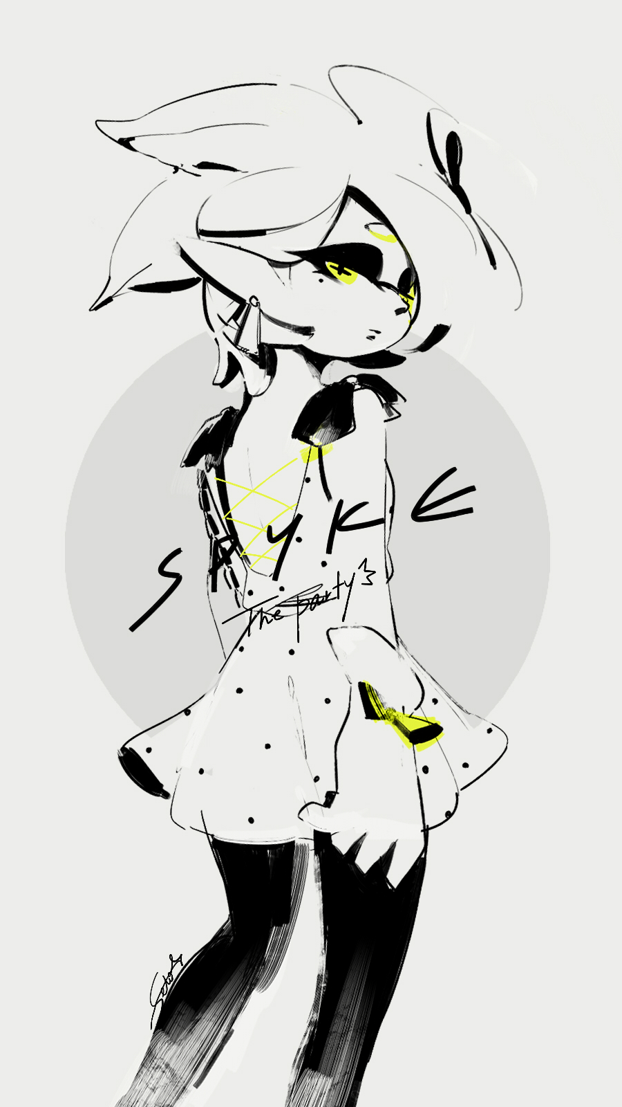 +_+ 1girl alternate_hairstyle artist_name black_legwear dress earrings english from_behind gloves highres hotaru_(splatoon) jewelry looking_at_viewer looking_back open-back_dress pantyhose pointy_ears polka_dot polka_dot_dress seto_(asils) short_dress short_hair signature solo splatoon standing tentacle_hair white_dress white_gloves white_hair yellow_eyes