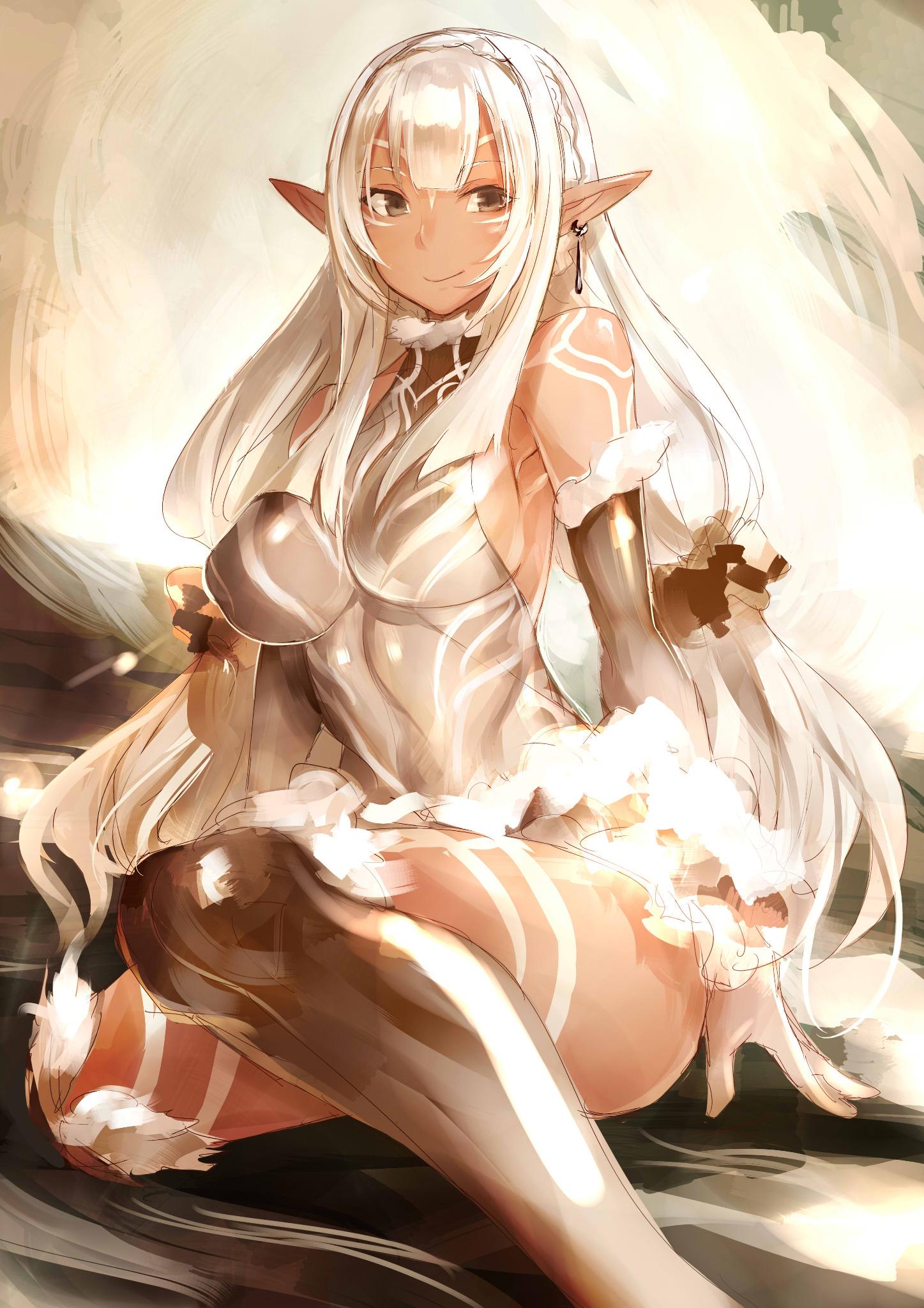 1girl armpits bare_shoulders boots breasts brown_eyes dark_skin elbow_gloves elf fur gloves hairband highres large_breasts leotard long_hair looking_at_viewer looking_to_the_side original pointy_ears ricci sidelocks sitting sketch smile solo tattoo thigh-highs very_long_hair white_hair