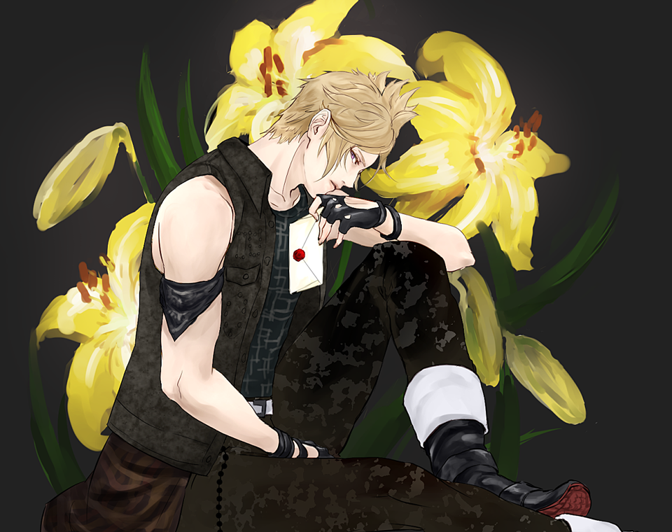 1boy armband bare_shoulders blonde_hair final_fantasy final_fantasy_xv flower handkerchief letter lily_(flower) male_focus prompto_argentum sitting solo soto_(20151217337) vest