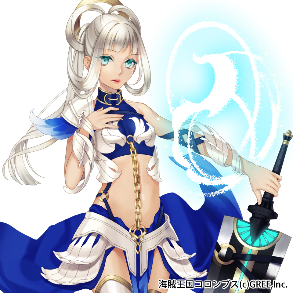 1girl aqua_eyes chains choco_holic flat_chest hair_rings kaizoku_ookoku_koronbusu kaizokuo_koku_columbus long_hair looking_at_viewer midriff o-ring ponytail solo standing sword thigh-highs watermark weapon white_hair white_legwear