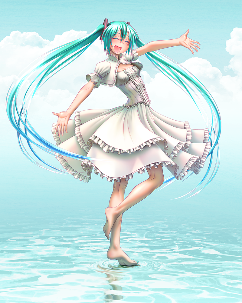 1girl :d ^_^ aqua_eyes aqua_hair barefoot blush closed_eyes clouds dress feet full_body hair_ornament happy hatsune_miku kneepits legs long_hair nail_polish open_mouth outstretched_arms outstretched_hand revision shiny shiny_skin smile soles solo spread_arms standing standing_on_liquid standing_on_one_leg toenail_polish toes twintails very_long_hair vocaloid water white_dress wokada