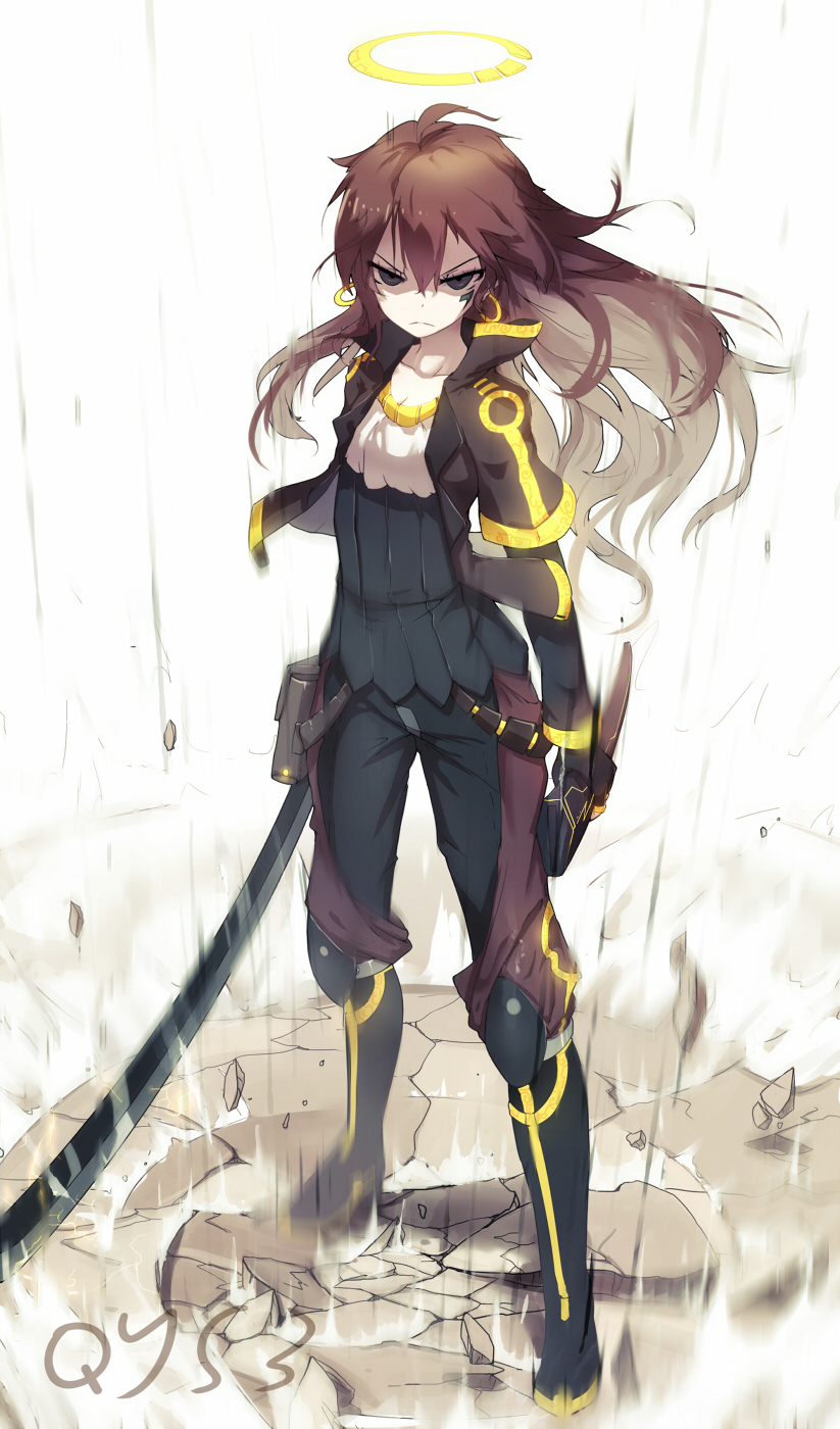 &gt;:( 1girl ahoge bai_yemeng black_boots black_eyes black_jacket black_pants black_shirt boots brown_hair closed_mouth earrings frown full_body ground_shatter halo highres holding holding_sword holding_weapon hoop_earrings jacket jewelry long_hair original pants revision scabbard sheath shirt solo standing sword tattoo very_long_hair weapon
