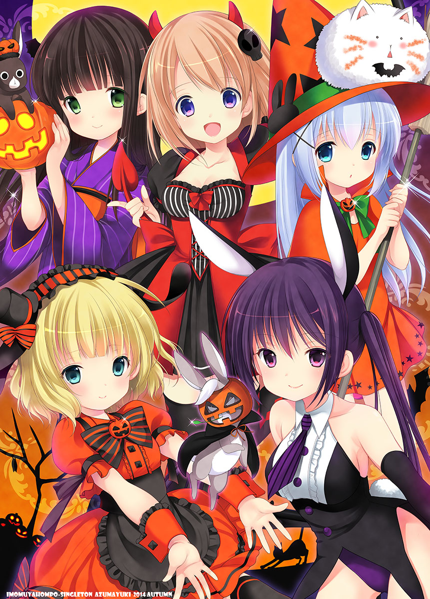 2014 5girls :d animal_ears anko_(gochiusa) artist_name azuma_yuki bare_shoulders blonde_hair blue_eyes blue_hair blush broom brown_hair circle_name dated demon_horns demon_tail dress gochuumon_wa_usagi_desu_ka? green_eyes hair_ornament hairband hairclip halloween hat highres holding horns hoto_cocoa japanese_clothes kafuu_chino kimono kirima_sharo lolita_hairband long_hair looking_at_viewer mini_hat mini_top_hat multiple_girls necktie number open_mouth outstretched_arms pumpkin purple_hair rabbit rabbit_ears revision short_sleeves skull_hair_ornament smile sparkle star star_print striped striped_necktie tail tedeza_rize tippy_(gochiusa) top_hat twintails ujimatsu_chiya violet_eyes witch_hat wrist_cuffs x_hair_ornament