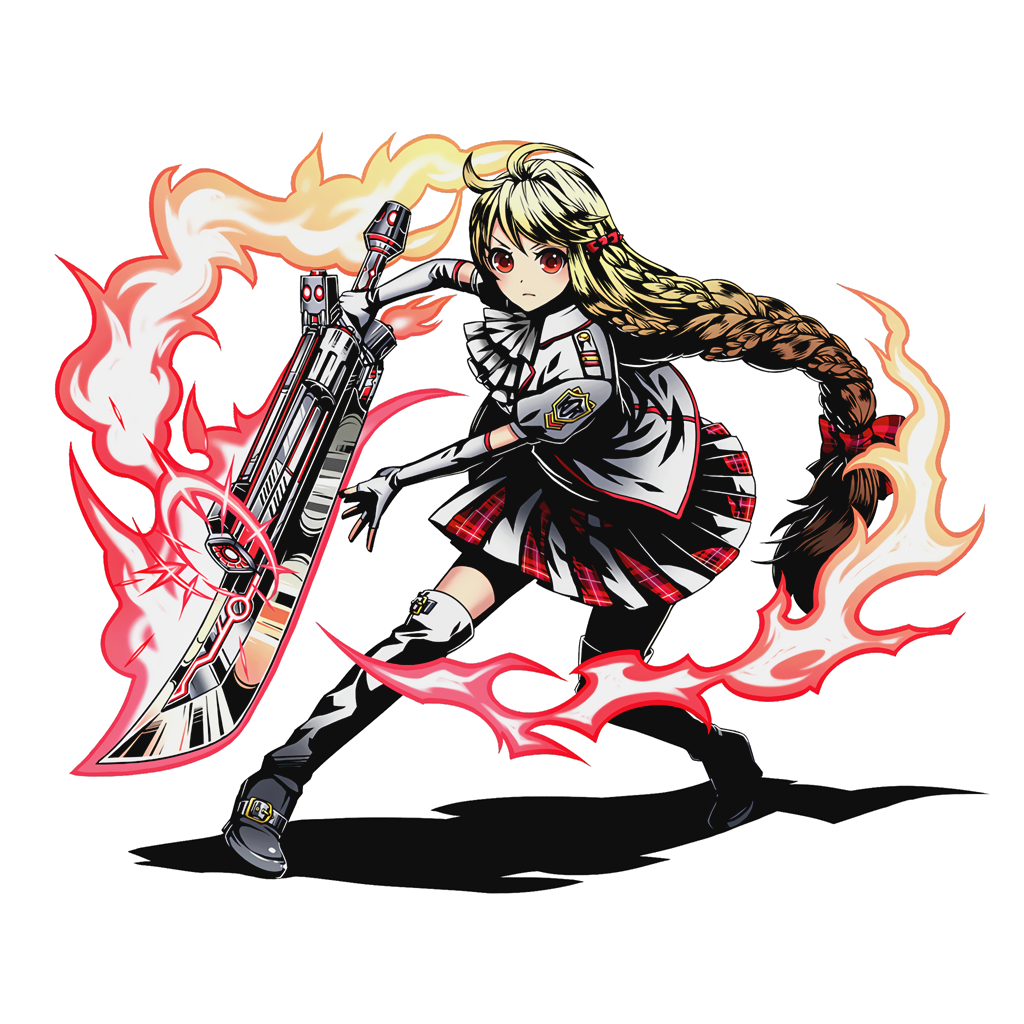 1girl bediere_(entaku_no_kishi) blonde_hair boots bow divine_gate entaku_no_kishi full_body gunblade hair_bow holding holding_sword holding_weapon long_hair looking_at_viewer low-tied_long_hair official_art pleated_skirt red_bow red_eyes shadow skirt solo sword thigh-highs thigh_boots transparent_background ucmm very_long_hair weapon