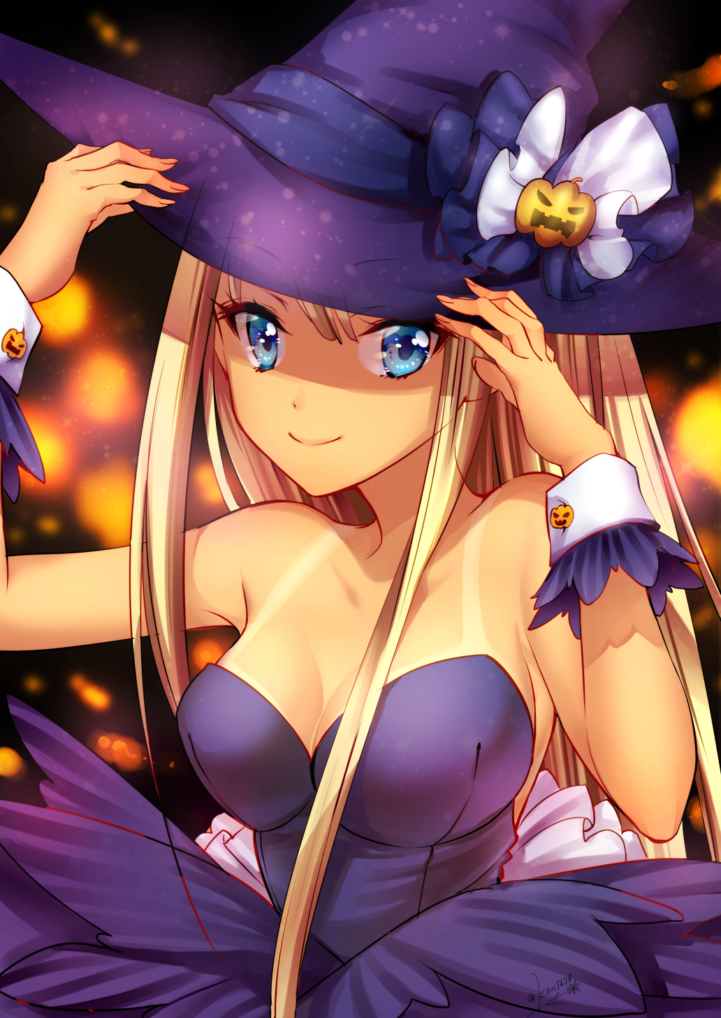 &gt;:) 1girl alessandra_susu bare_shoulders black_dress blonde_hair blue_eyes breasts cleavage closed_mouth dress halloween_costume hands_on_headwear hat highres jack-o'-lantern long_hair matatabi_kikuno medium_breasts number sleeveless sleeveless_dress smile solo strapless strapless_dress tan tanline tokyo_7th_sisters twitter_username upper_body very_long_hair witch witch_hat wrist_cuffs
