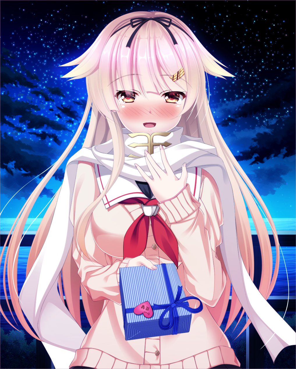 1girl :d black_ribbon blonde_hair blush breasts brown_eyes cardigan eyebrows_visible_through_hair gift hair_flaps hair_ornament hair_ribbon hairclip heart highres holding holding_gift kantai_collection long_hair looking_at_viewer medium_breasts neckerchief night night_sky nose_blush open_mouth outdoors railing remodel_(kantai_collection) ribbon sailor_collar scarf sky sleeves_past_wrists smile solo star_(sky) starry_sky tears very_long_hair water white_day white_scarf yuudachi_(kantai_collection) yuuzuki_hijiri