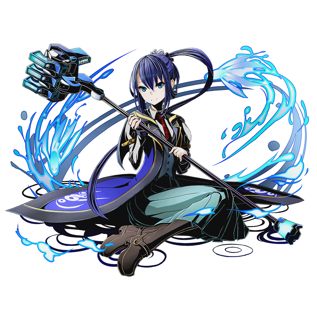 1girl aqua_skirt blue_eyes blue_hair boots brown_boots cape divine_gate full_body hair_ornament hair_scrunchie holding holding_weapon long_hair long_skirt looking_at_viewer necktie official_art ponytail red_necktie renito scrunchie sitting skirt smile solo transparent_background ucmm weapon wezaadoriizu