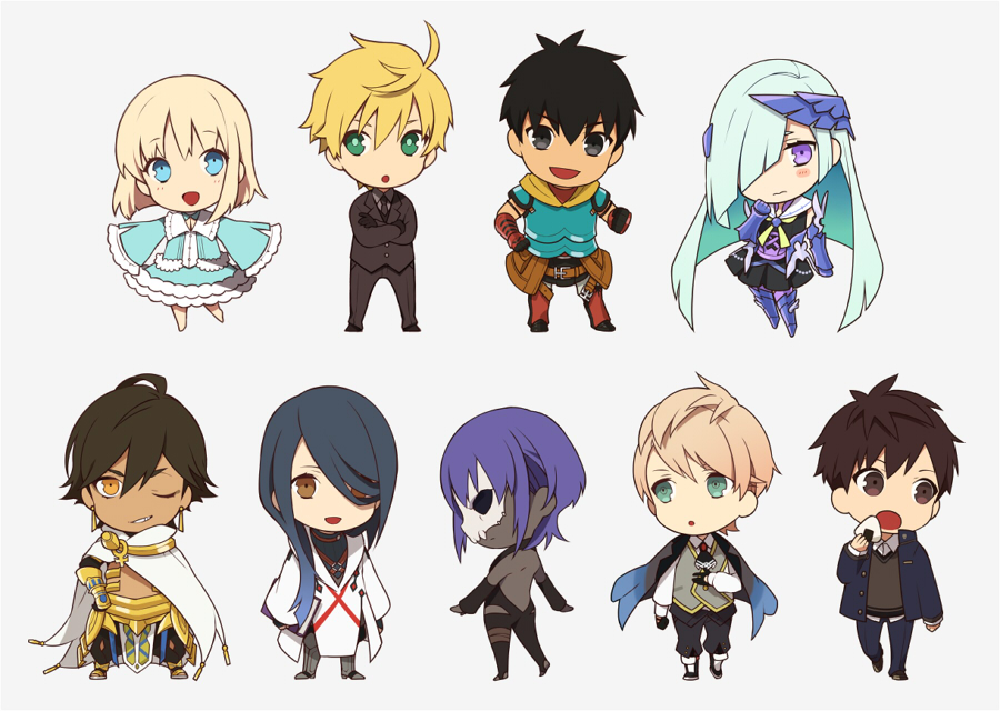 ahoge archer_(fate/prototype_fragments) armor assassin_(fate/prototype_fragments) bare_shoulders berserker_(fate/prototype_fragments) black_hair blonde_hair blush caster_(fate/prototype_fragments) chibi dark_skin dress fate/prototype fate/prototype:_fragments_of_blue_and_silver fate_(series) fingerless_gloves gloves green_eyes kitano_tatsumi lancer_(fate/prototype_fragments) long_hair looking_at_viewer mask multiple_boys nakahara_(mu_tation) open_mouth ponytail purple_hair rider_(fate/prototype_fragments) saber_(fate/prototype) sajou_manaka short_hair silver_hair skull smile violet_eyes yellow_eyes