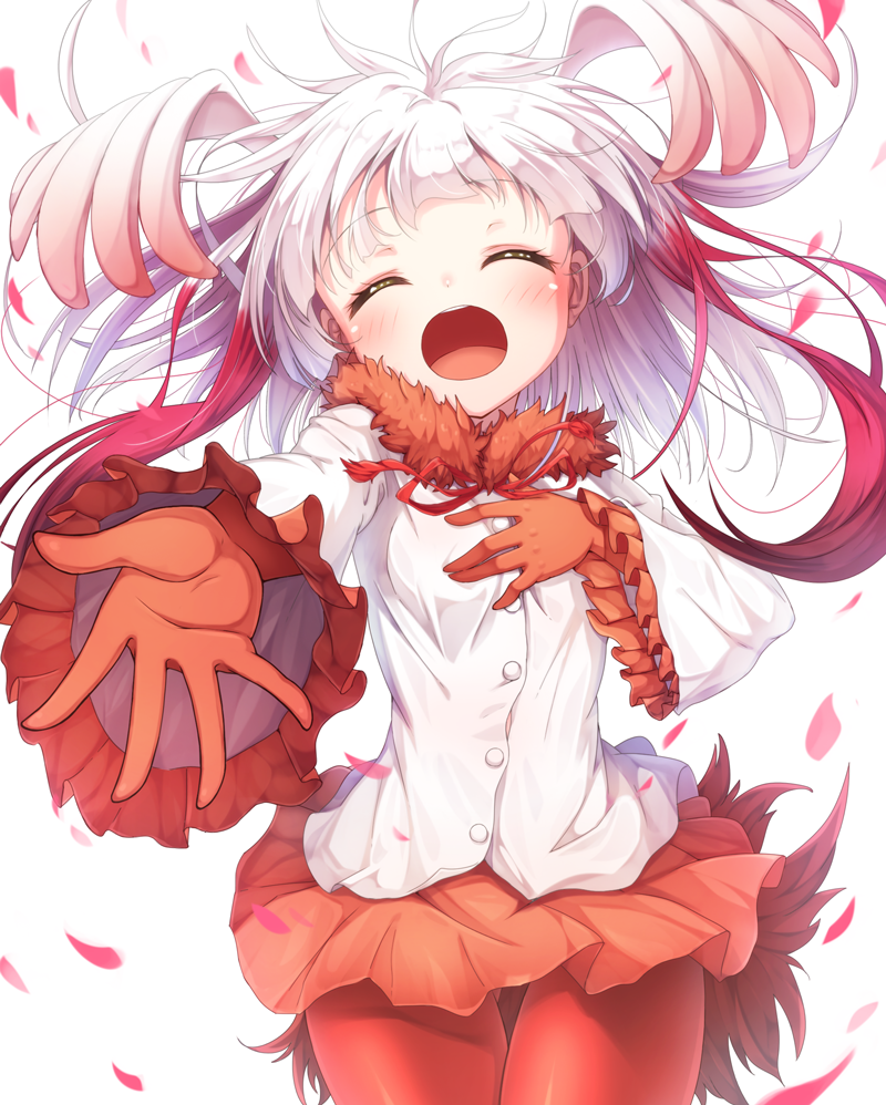 1girl bangs blunt_bangs buttons closed_eyes cowboy_shot crested_ibis_(kemono_friends) fur_collar gloves gluteal_fold head_wings kemono_friends long_hair long_sleeves matokechi miniskirt multicolored_hair open_mouth orange_skirt pantyhose petals red_gloves red_legwear redhead shirt simple_background skirt smile solo thigh_gap two-tone_hair white_background white_hair white_shirt wide_sleeves