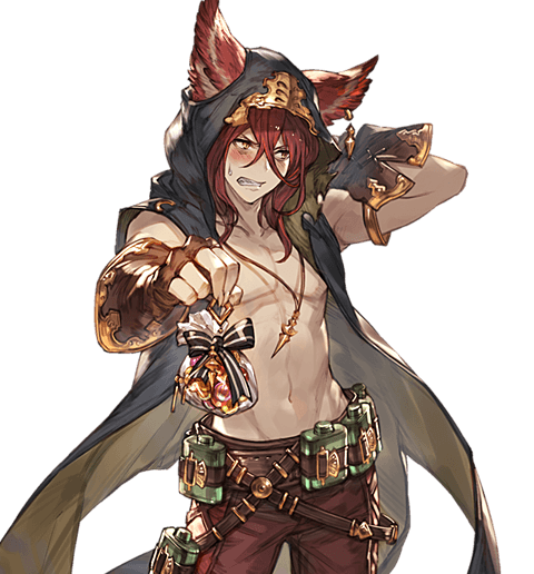 1boy animal_ears arm_behind_head clenched_teeth earrings elmott erun_(granblue_fantasy) fingerless_gloves gift gloves granblue_fantasy jewelry looking_away male_focus minaba_hideo necklace presenting simple_background solo tan teeth transparent_background upper_body white_day