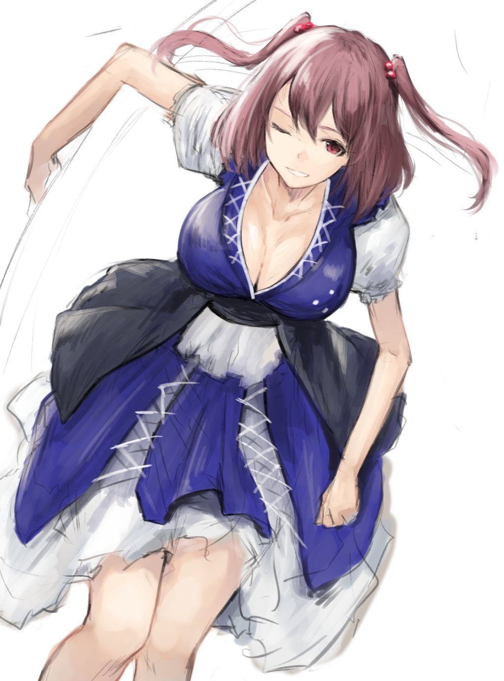 1girl ;) blue_dress breasts brown_hair cleavage collarbone dress hair_between_eyes hair_bobbles hair_ornament highres japanese_clothes kimono kimono_skirt koretsuki_aduma large_breasts looking_at_viewer obi one_eye_closed onozuka_komachi parted_lips petticoat puffy_short_sleeves puffy_sleeves red_eyes sash short_sleeves sketch smile solo touhou two_side_up