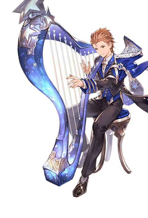 1boy bow bowtie brown_eyes brown_hair elysian_(granblue_fantasy) formal full_body gran_(granblue_fantasy) granblue_fantasy hair_slicked_back harp instrument male_focus minaba_hideo music official_art playing_instrument serious short_hair sitting smile solo stool transparent_background tuxedo white_bow white_bowtie