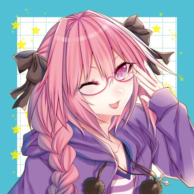 1boy ;d adjusting_glasses bespectacled blush braid fang fate/apocrypha fate_(series) glasses hair_ribbon hood hoodie long_hair looking_at_viewer male_focus one_eye_closed open_mouth pink_hair pom_pom_(clothes) ribbon rider_of_black shisei_(kyuushoku_banchou) single_braid smile solo translation_request trap violet_eyes