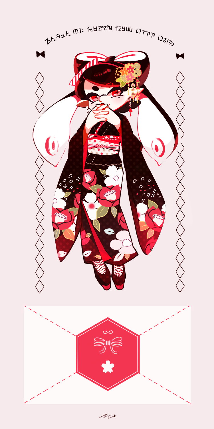 +_+ 1girl aori_(splatoon) artist_name black_hair bookmark closed_mouth domino_mask dress floral_print flower formal full_body hair_flower hair_ornament hands_together highres inkling_(language) interlocked_fingers japanese_clothes kimono long_hair looking_at_viewer mask mole mole_under_eye pointy_ears print_dress red_eyes ribbon sandals seto_(asils) signature smile solo splatoon standing tentacle_hair wide_sleeves