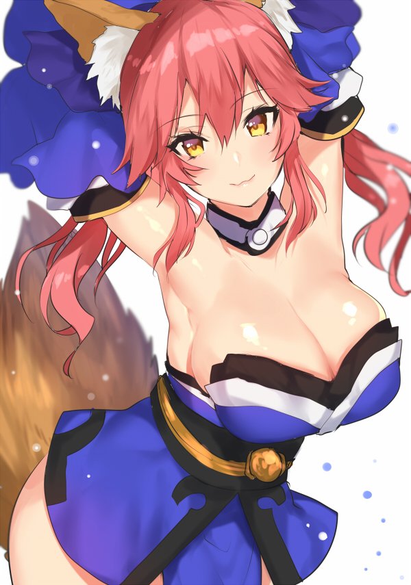 1girl animal_ears armpits arms_up blonde_hair breasts cleavage collar fate/grand_order fate_(series) fox_ears fox_tail hair_ribbon large_breasts long_hair looking_at_viewer matarou_(genkai_toppa) pink_hair ribbon shiny shiny_skin simple_background smile solo tail tamamo_(fate)_(all) tamamo_no_mae_(fate) white_background yellow_eyes