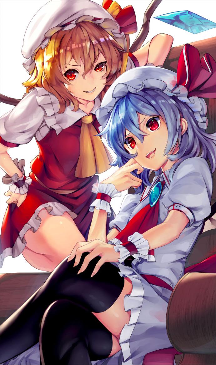 &gt;:) &gt;:d 2girls :d ascot bat_wings black_legwear blonde_hair blue_hair brooch couch crystal fingernails flandre_scarlet frilled_shirt_collar frilled_skirt frills grin hair_between_eyes hat hat_ribbon jewelry legs_crossed long_fingernails looking_at_viewer looking_away mob_cap multiple_girls open_mouth puffy_short_sleeves puffy_sleeves red_eyes red_ribbon remilia_scarlet ribbon sharp_fingernails short_sleeves siblings side_ponytail sidelocks sisters sitting skirt skirt_set smile sukocchi thigh-highs touhou wings wrist_cuffs