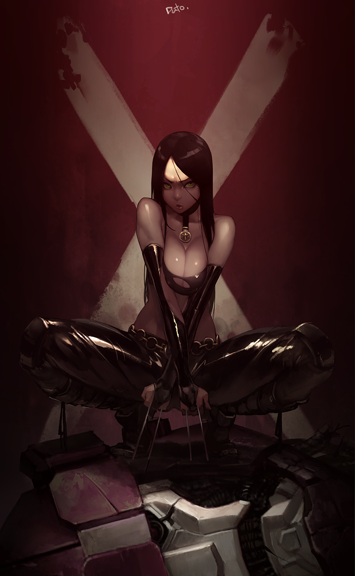 1girl after_battle black_hair breast_squeeze breasts choker claw_(weapon) cleavage duto elbow_gloves fingerless_gloves gloves green_eyes marvel parted_lips robot sentinel_(x-men) solo squatting torn_clothes weapon x-23 x-men