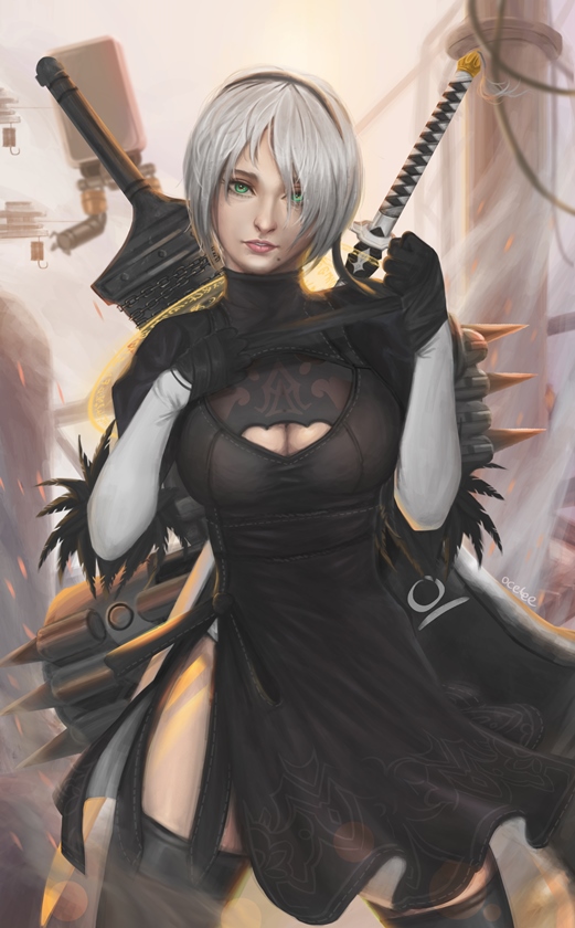 1girl android bangs black_dress blindfold blurry depth_of_field dress gloves hairband katana leotard looking_at_viewer mole mole_under_mouth nier_(series) nier_automata ocetee short_dress short_hair solo sword thighs weapon weapon_on_back white_hair white_leotard yorha_no._2_type_b
