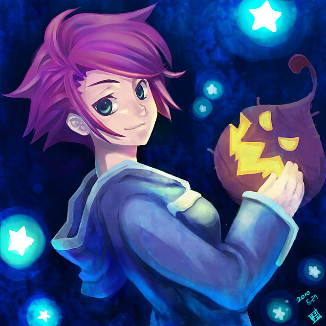 1girl blue_eyes breasts dress hood hoodie kumatora looking_at_viewer mother_(game) mother_3 nanamako pink_hair short_hair smile solo star