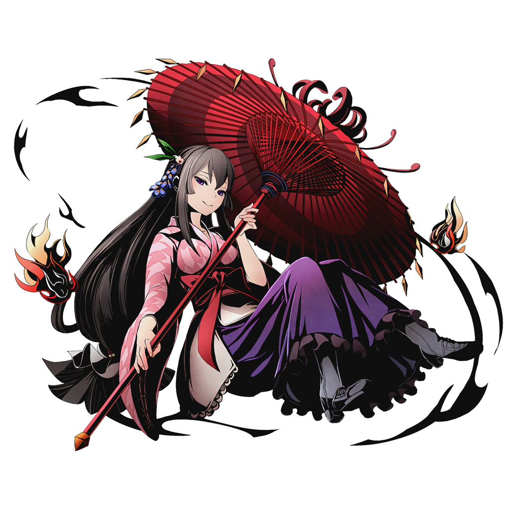 1girl amaterasu_(road_to_dragon) black_hair bow divine_gate full_body hair_ornament high_heels holding holding_umbrella japanese_clothes kimono long_hair long_skirt looking_at_viewer low-tied_long_hair official_art oriental_umbrella purple_skirt red_bow road_to_dragons shadow skirt smile solo transparent_background ucmm umbrella very_long_hair violet_eyes
