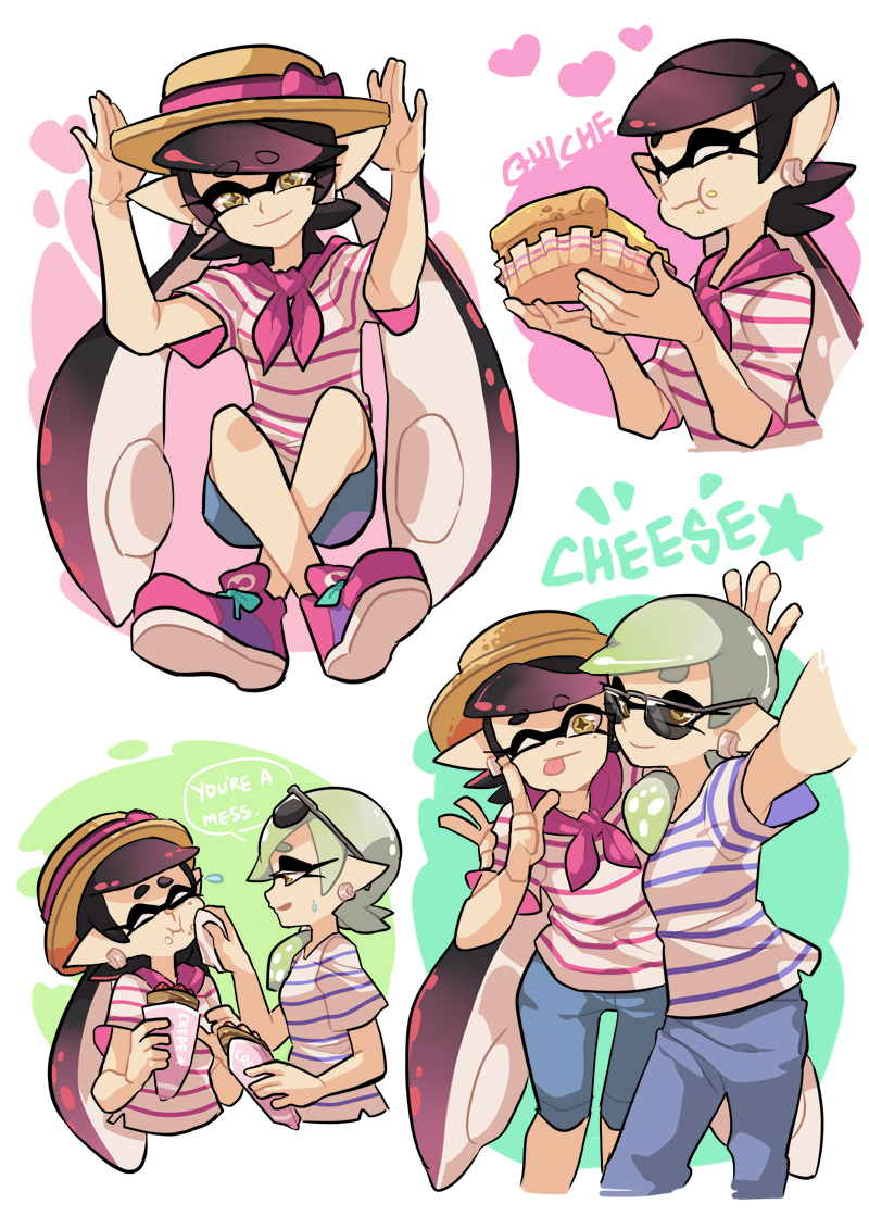 +_+ :p aori_(splatoon) bandanna blue_pants blue_shorts brown_hat casual cousins cropped_torso domino_mask earrings eating english food food_on_face hands_on_headwear hat holding holding_food hotaru_(splatoon) jewelry long_hair looking_at_viewer mask mole mole_under_eye one_eye_closed pants pink_shoes pointy_ears pose quiche self_shot shirt shoes short_hair short_sleeves shorts smile sneakers splatoon striped striped_shirt sunglasses sweatdrop t-shirt tentacle_hair tongue tongue_out wong_ying_chee