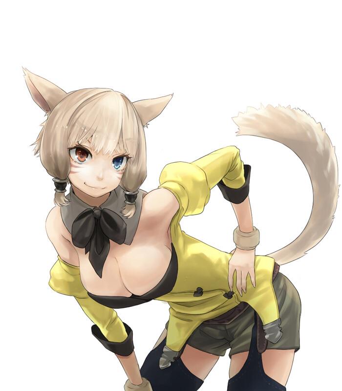 1girl animal_ears bangs bare_shoulders bent_over black_legwear blue_eyes breasts cat_ears cat_tail cleavage detached_collar facial_mark final_fantasy final_fantasy_xiv fingernails garter_straps hair_ornament hair_tubes hand_on_hip hand_on_thigh heterochromia large_breasts lips long_fingernails looking_at_viewer miqo'te pose potion_lilac(popopotionu) red_eyes shorts simple_background smile solo tail thigh-highs tsurime white_background white_hair wristband