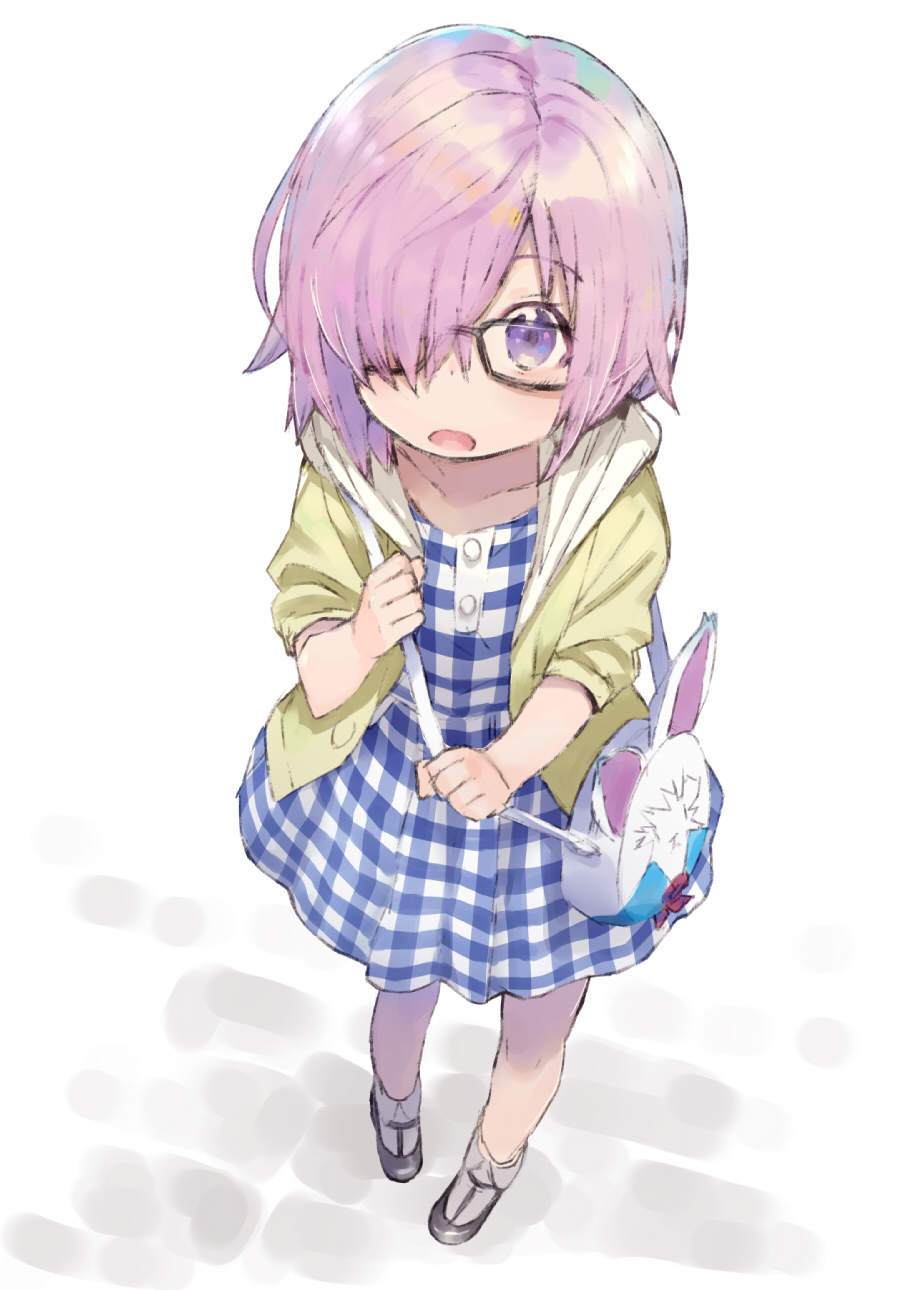 1girl alternate_costume bag checkered checkered_dress commentary_request dress fate/grand_order fate_(series) fou_(fate/grand_order) glasses hair_over_one_eye highres jacket lavender_hair shielder_(fate/grand_order) shirabi_(life-is-free) short_hair simple_background sketch solo violet_eyes white_background younger