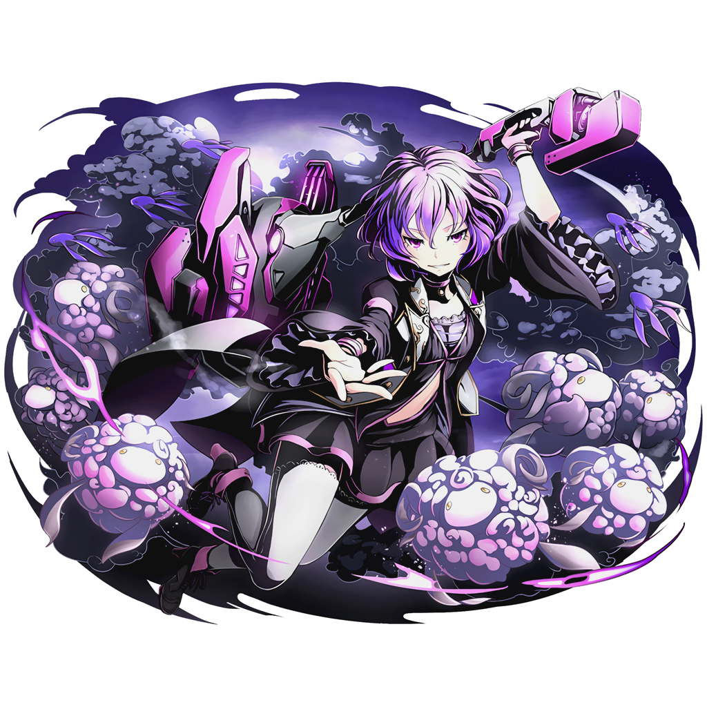 1girl black_dress bracelet claudy collar divine_gate dress full_body high_heels holding holding_weapon jewelry official_art one_leg_raised purple_hair short_hair solo thigh-highs transparent_background ucmm violet_eyes weapon wezaadoriizu white_legwear