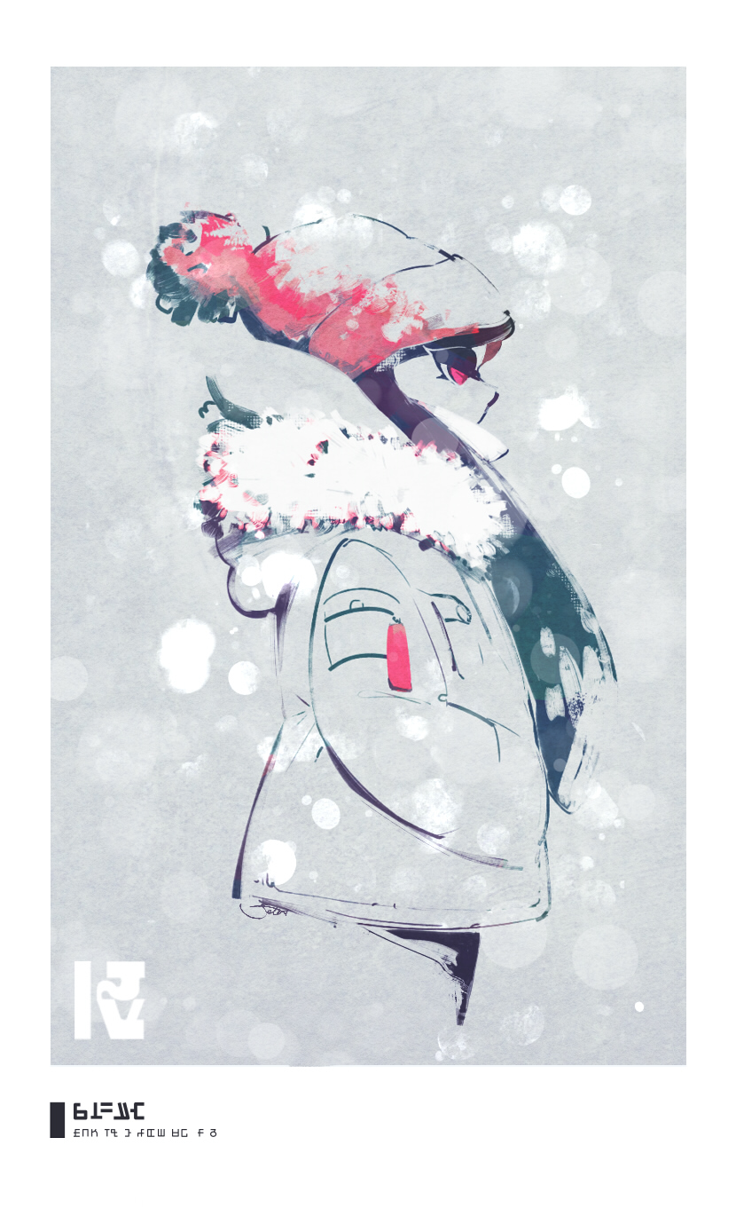 +_+ 1girl aori_(splatoon) beanie coat from_side hands_in_pockets hat highres inkling_(language) long_hair long_sleeves red_eyes red_hat scarf seto_(asils) snow solo splatoon standing upper_body white_coat winter_clothes