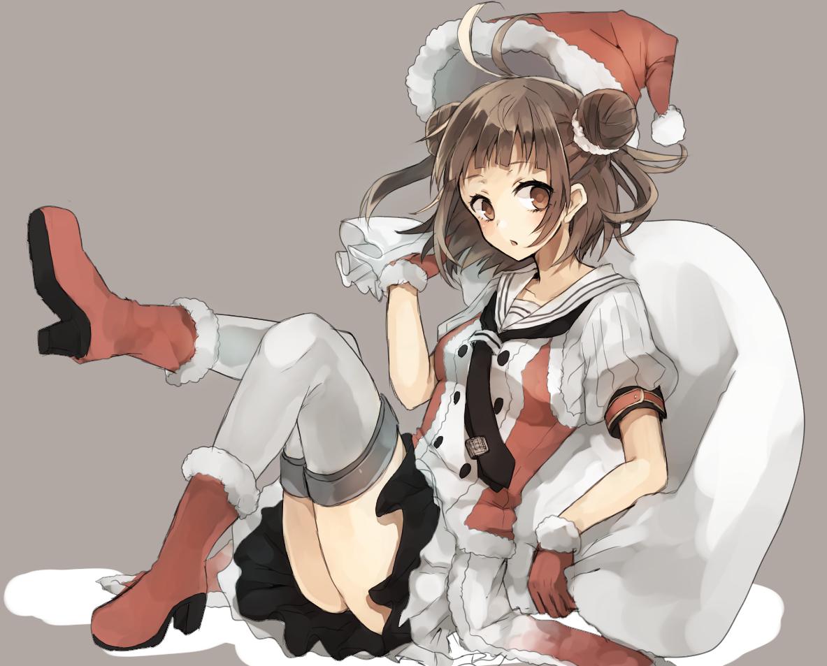 1girl ahoge bangs black_necktie black_skirt boots brown_eyes brown_hair chibirisu double-breasted double_bun dress fur-trimmed_boots fur-trimmed_gloves fur_trim gloves grey_background hat high_heel_boots high_heels kantai_collection knees_up layered_skirt naka_(kantai_collection) necktie open_mouth red_boots red_gloves sack santa_hat scrunchie short_hair sitting skirt solo tie_clip uniform white_skirt