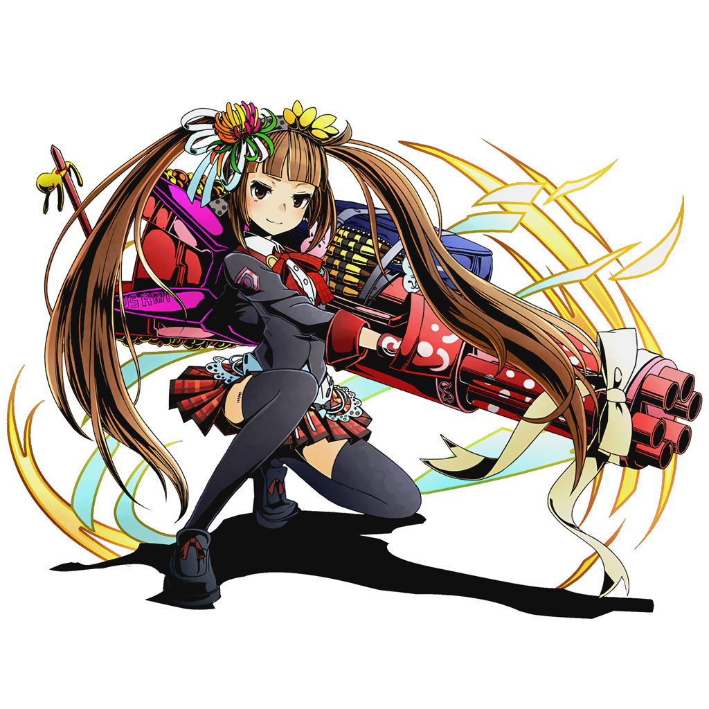 1girl black_legwear brown_eyes brown_hair divine_gate floating_hair flower full_body hair_flower hair_ornament hair_ribbon hairband long_hair looking_at_viewer mayu_(road_to_dragons) miniskirt neck_ribbon official_art one_knee pleated_skirt red_ribbon red_skirt ribbon road_to_dragons shadow skirt smile solo thigh-highs transparent_background twintails ucmm very_long_hair white_ribbon
