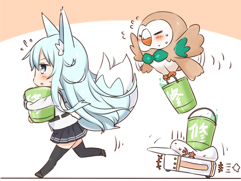 1girl animal_ears belt blue_eyes bucket chibi commentary_request crossover dog_ears dog_tail flat_cap flying_sweatdrops hat hibiki_(kantai_collection) kantai_collection kemonomimi_mode long_hair nonono_(mino) pleated_skirt pokemon pokemon_(creature) pokemon_(game) pokemon_sm repair_bucket roomba rowlet school_uniform serafuku silver_hair skirt sweatdrop tail thigh-highs verniy_(kantai_collection)