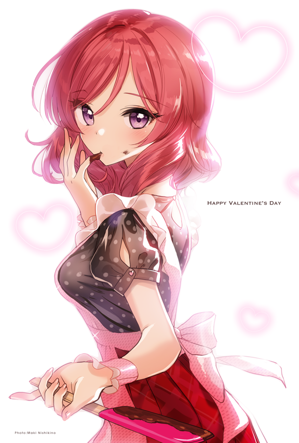 1girl apron blush chocolate chocolate_on_fingers finger_in_mouth happy_valentine heart looking_at_viewer love_live! love_live!_school_idol_project nishikino_maki redhead short_hair solo spatula towaxa_(lunaticjoker) valentine violet_eyes