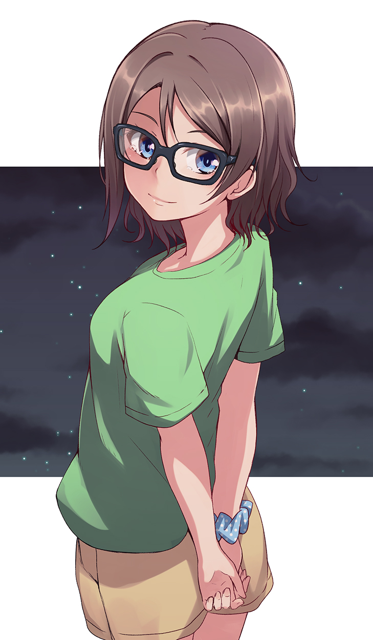 1girl bespectacled blue_eyes brown_hair glasses green_shirt highres looking_back love_live! love_live!_sunshine!! nanotsuki polka_dot polka_dot_scrunchie scrunchie shirt shorts smile solo t-shirt watanabe_you wrist_scrunchie