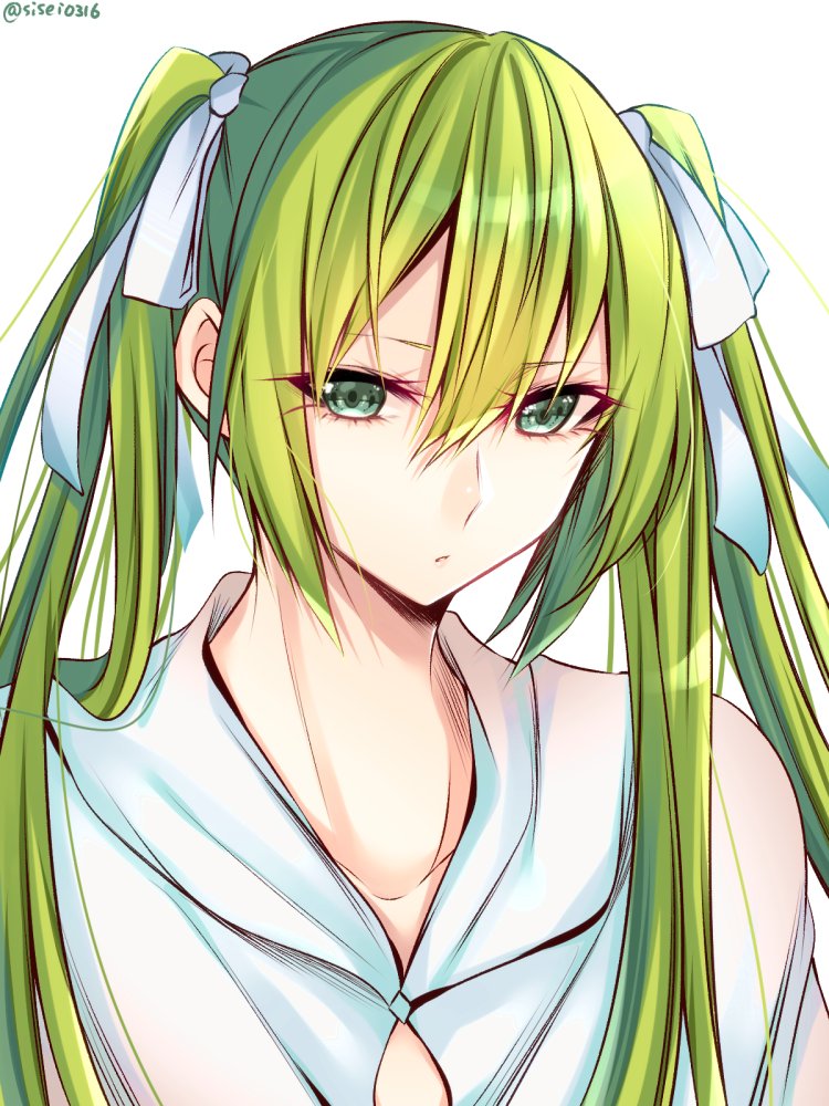 androgynous enkidu_(fate/strange_fake) fate/grand_order fate/strange_fake fate_(series) green_eyes green_hair long_hair looking_at_viewer shisei_(kyuushoku_banchou) solo twintails