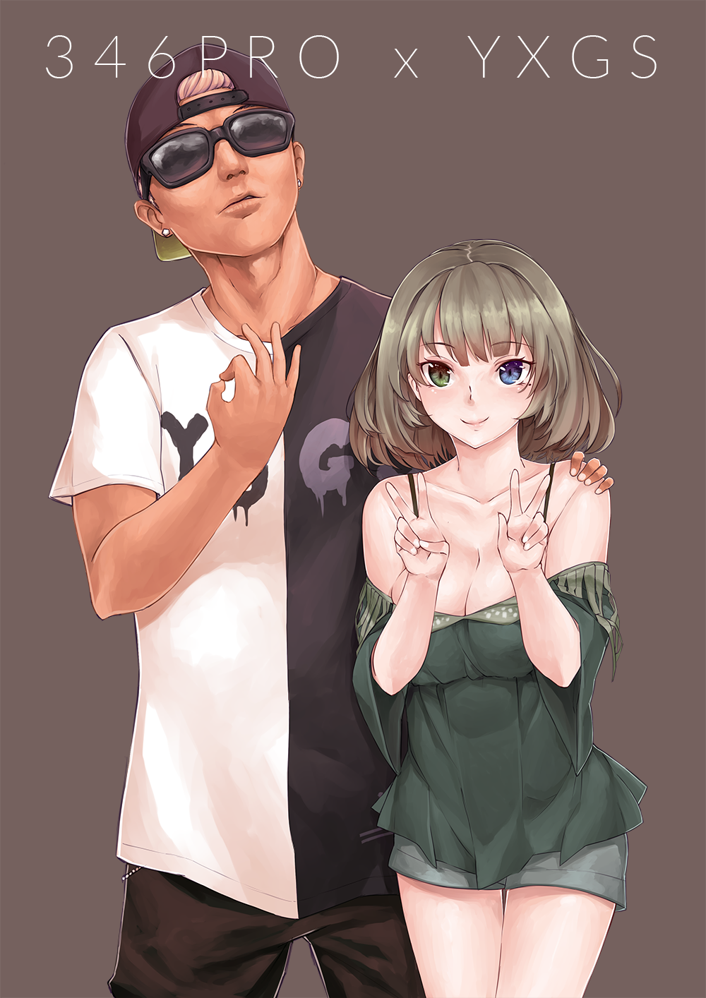 1boy 1girl backwards_hat baseball_cap black_background blue_eyes breasts brown_hair cleavage closed_mouth collarbone commentary cowboy_shot dark_skin double_v earrings eleaclarisse eyebrows_visible_through_hair green_eyes green_shorts hand_on_another's_shoulder hat heterochromia highres idolmaster idolmaster_cinderella_girls jewelry large_breasts mole mole_under_eye number off-shoulder_shirt ok_sign real_life shirt short_sleeves shorts simple_background smile smirk spaghetti_strap sunglasses takagaki_kaede v young_lex