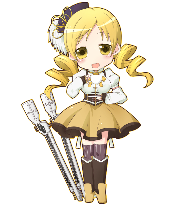 1girl blonde_hair blush boots bow cup drill_hair eyebrows_visible_through_hair holding holding_cup long_hair looking_at_viewer mahou_shoujo_madoka_magica miiyon open_mouth plate smile solo teacup thigh-highs tomoe_mami yellow_bow yellow_eyes