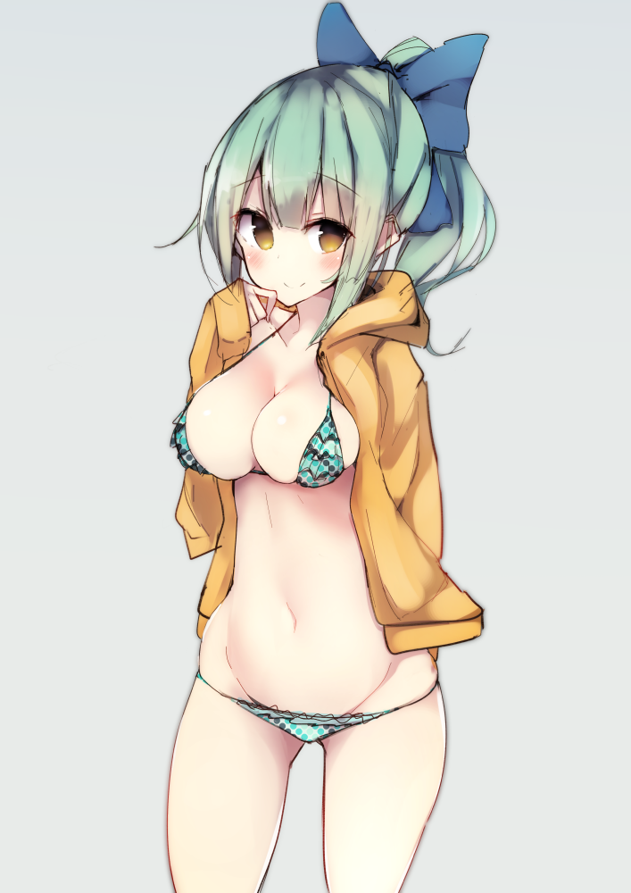 1girl alternate_costume arm_behind_back bikini blush breasts cowboy_shot frilled_bikini frills green_hair groin hair_ribbon harenchi hood hooded_track_jacket jacket kantai_collection large_breasts looking_at_viewer midriff navel ponytail ribbon sideboob skindentation smile swimsuit thighs track_jacket yellow_eyes yuubari_(kantai_collection)