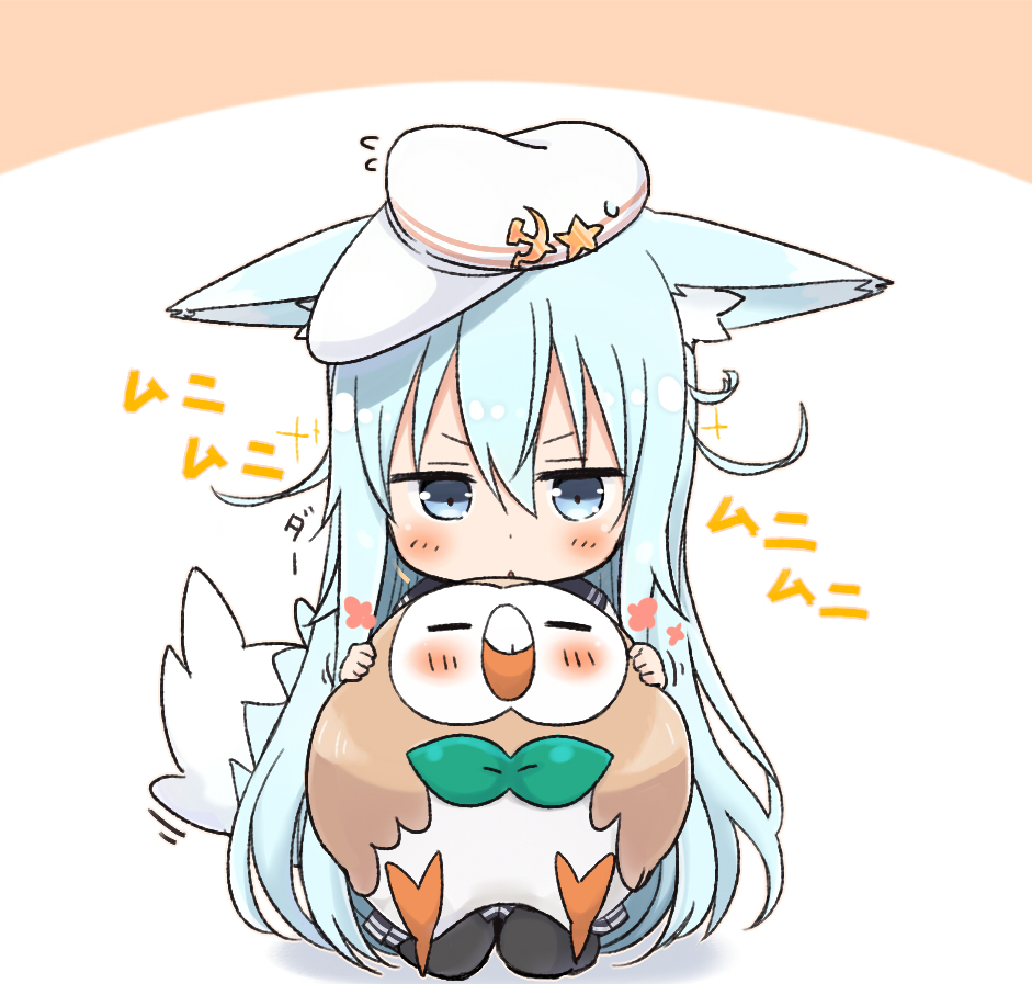 1girl animal_ears black_legwear blue_eyes commentary_request flat_cap hammer_and_sickle hat hibiki_(kantai_collection) kantai_collection kemonomimi_mode long_hair long_sleeves nonono_(mino) pokemon pokemon_(creature) pokemon_(game) pokemon_sm rowlet school_uniform serafuku silver_hair solo tail verniy_(kantai_collection)